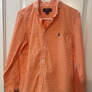 EUC Ralph Lauren Orange and white checkered button down shirt. Boys XL (18/20)
